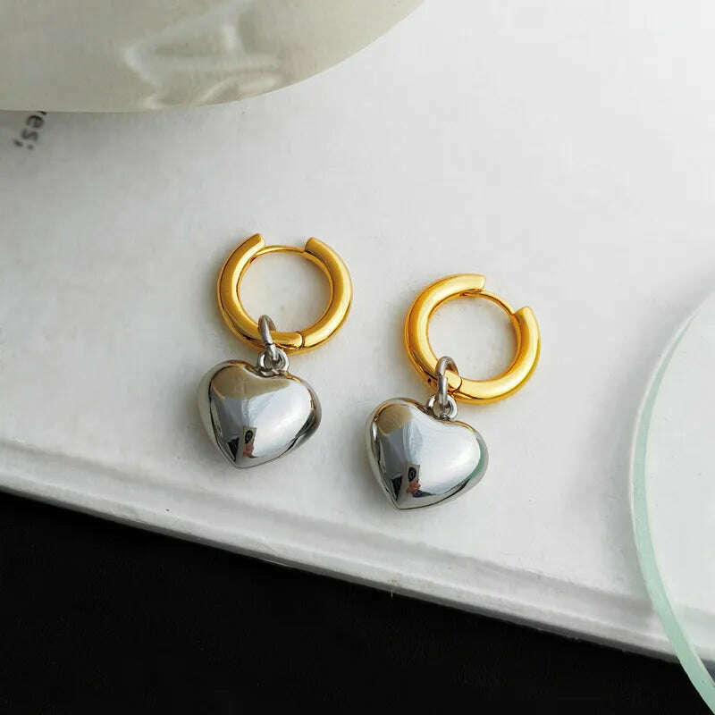 KIMLUD, Statement Minimalist Gold Silver Color Mixed Solid Heart Pendant Hoop Earrings Street Style Korean Fashion Jewelry, KIMLUD Womens Clothes