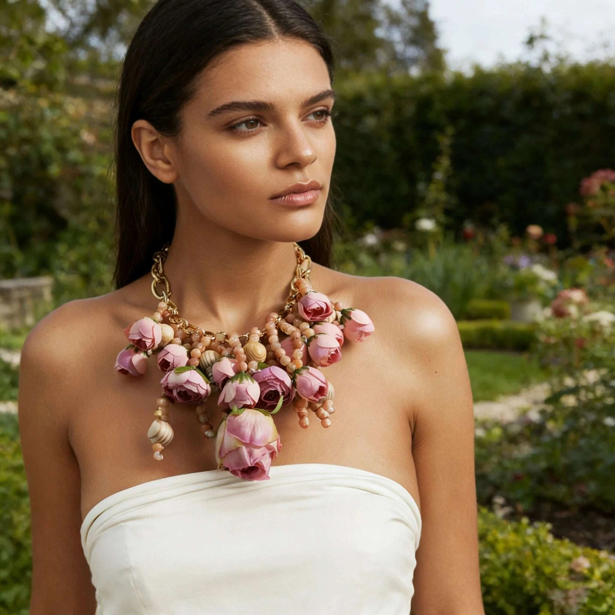 Statement Three-dimensional Rose Cluster Beads Necklace for Women Girl Wedding Party Jewelry