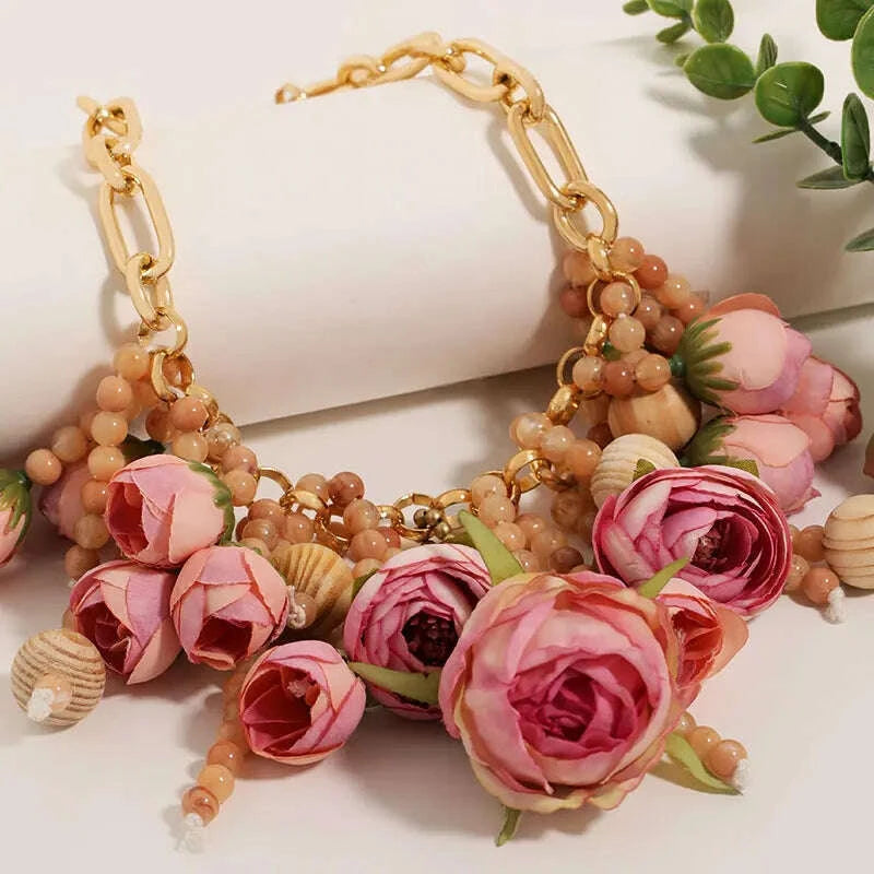 Statement Three-dimensional Rose Cluster Beads Necklace for Women Girl Wedding Party Jewelry