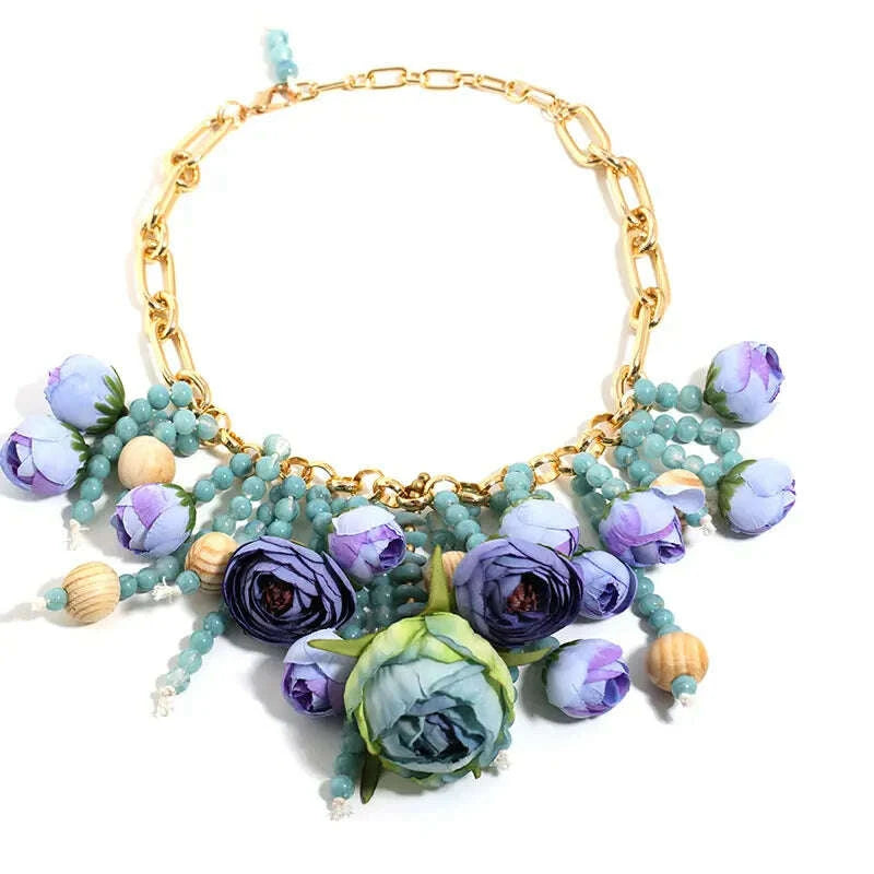 Statement Three-dimensional Rose Cluster Beads Necklace for Women Girl Wedding Party Jewelry