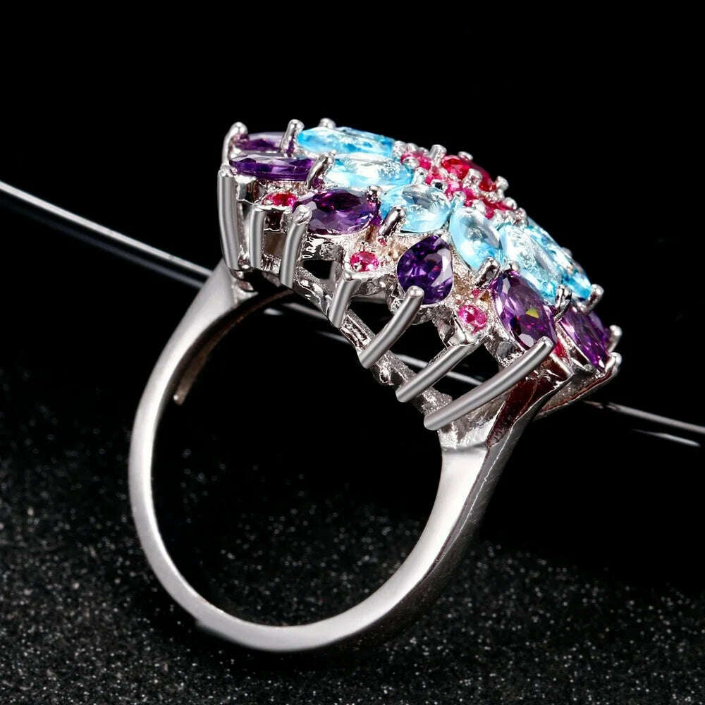 KIMLUD, Sterling Silver 925 Multicolor Gemstone Flower Shape Top Quality New Design Jewelry Rings for Women Wedding Fashion Ring Gift, KIMLUD Womens Clothes