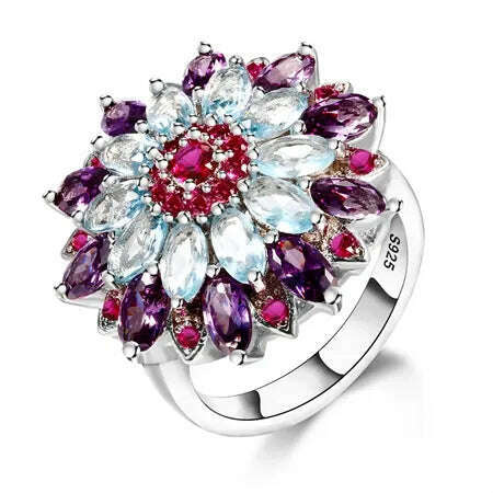 Sterling Silver 925 Multicolor Gemstone Flower Shape Top Quality New Design Jewelry Rings for Women Wedding Ring Gift - KIMLUD