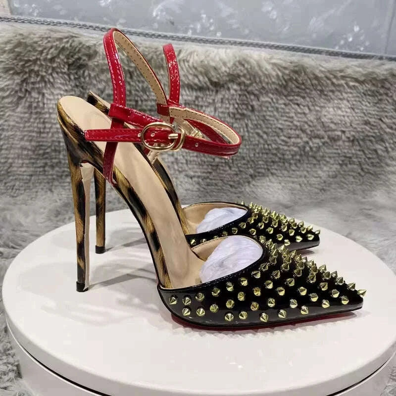 Stiletto Sandals - 12cm Heel - Pointed Toe - Leopard Print | KIMLUD