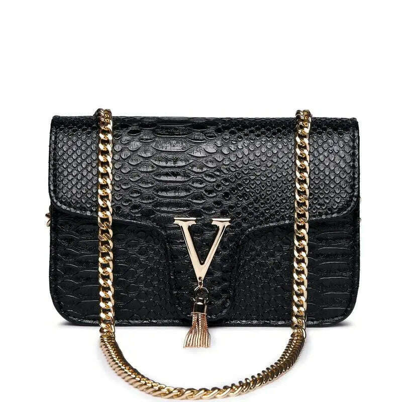 KIMLUD, Stone Pattern Handbag Crocodile Leather Crossbody Bags For Women 2023 Luxury Brand Shoulder Messenger Bags Female Chain Handbags, black, KIMLUD Womens Clothes