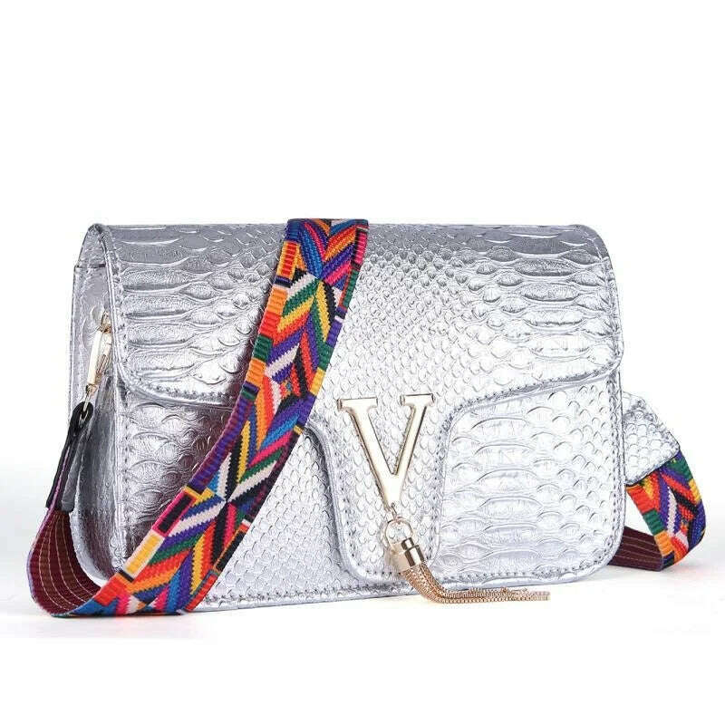 KIMLUD, Stone Pattern Handbag Crocodile Leather Crossbody Bags For Women 2023 Luxury Brand Shoulder Messenger Bags Female Chain Handbags, silver 1, KIMLUD Womens Clothes