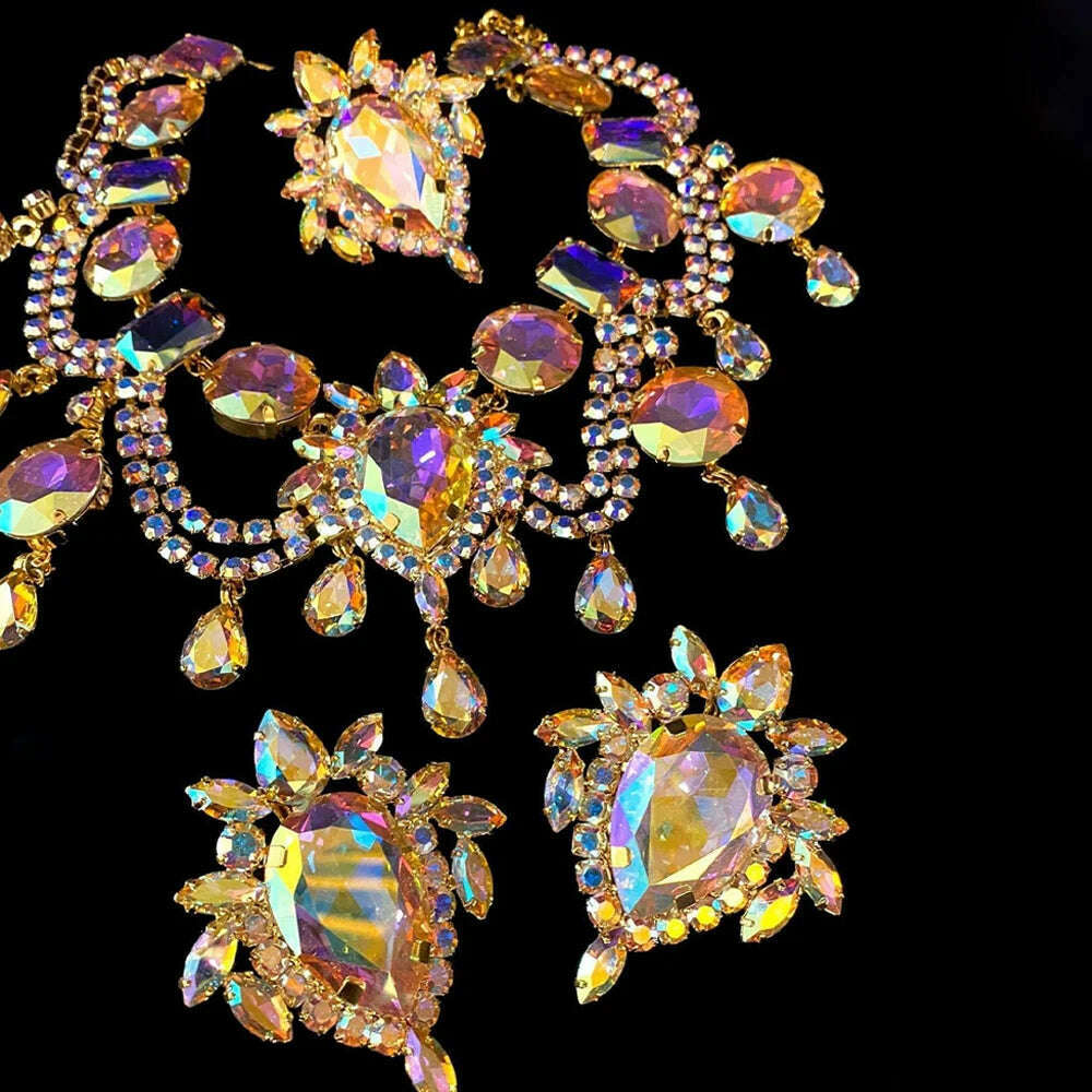 KIMLUD, Stonefans Colorful Crystal Exaggerated Jewelry Set Bridal Accessories African Wedding Large Necklace Earrings Ring Set for Women, Set / Silver / CHINA, KIMLUD APPAREL - Womens Clothes
