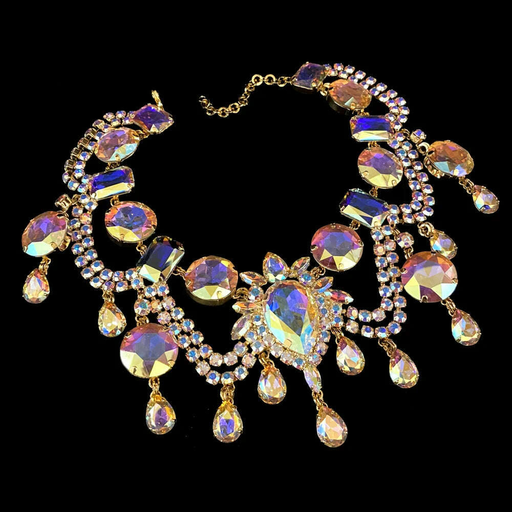 KIMLUD, Stonefans Colorful Crystal Exaggerated Jewelry Set Bridal Accessories African Wedding Large Necklace Earrings Ring Set for Women, KIMLUD Women's Clothes