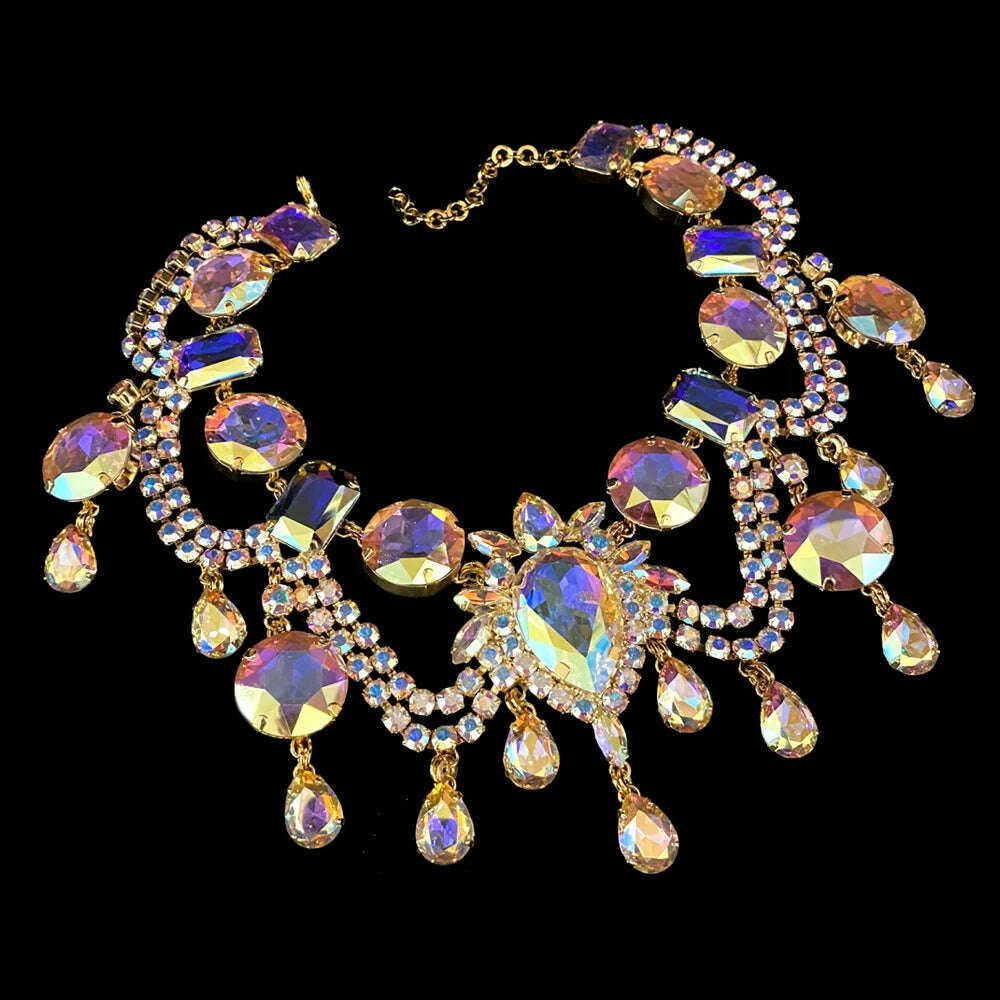 KIMLUD, Stonefans Colorful Crystal Exaggerated Jewelry Set Bridal Accessories African Wedding Large Necklace Earrings Ring Set for Women, KIMLUD Womens Clothes