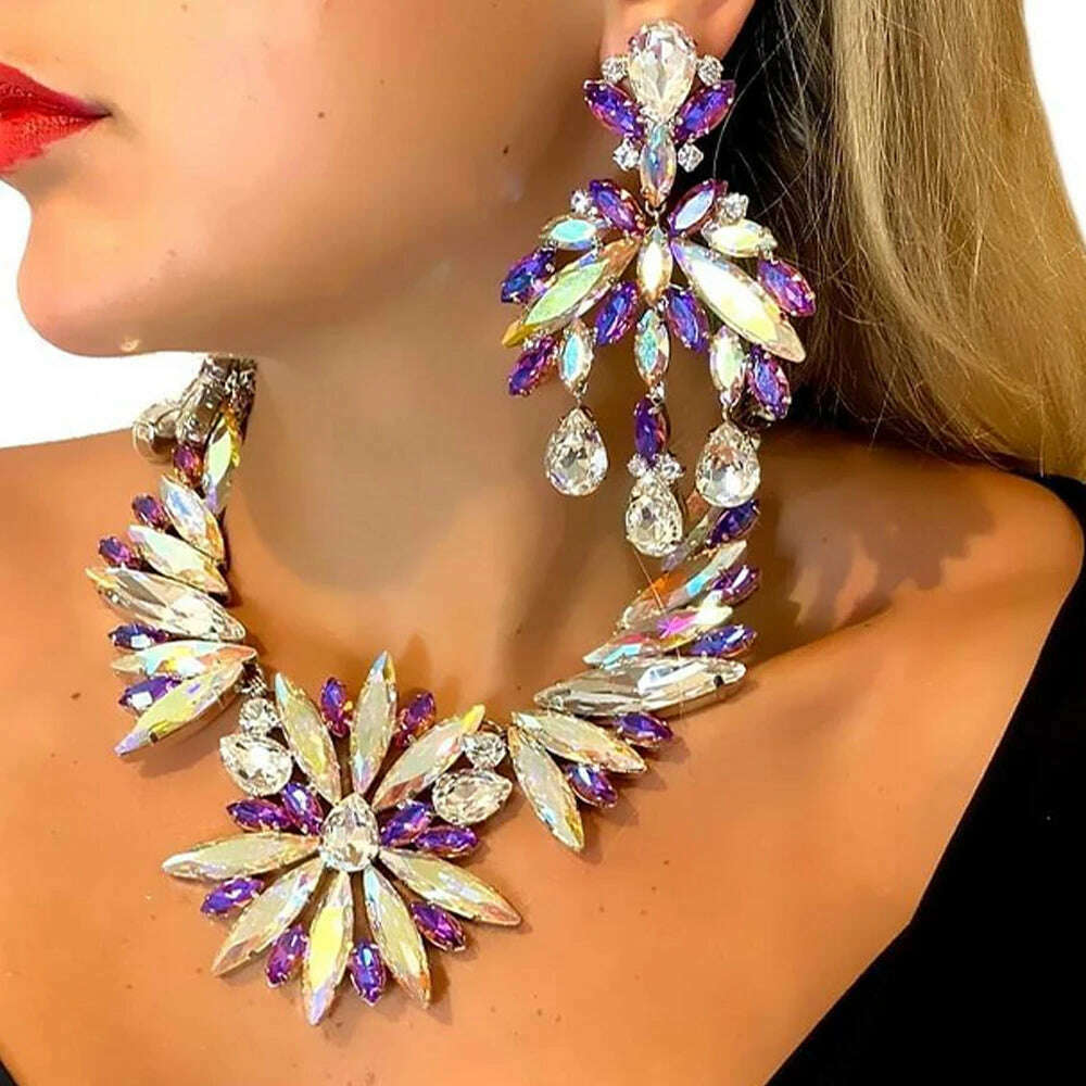 KIMLUD, Stonefans Exaggerated Flowers Necklace Earrings Set for Women Summer Party Statement Rhinestones Jewelry Set 2023 Accessories, Gold-color / CHINA, KIMLUD Womens Clothes