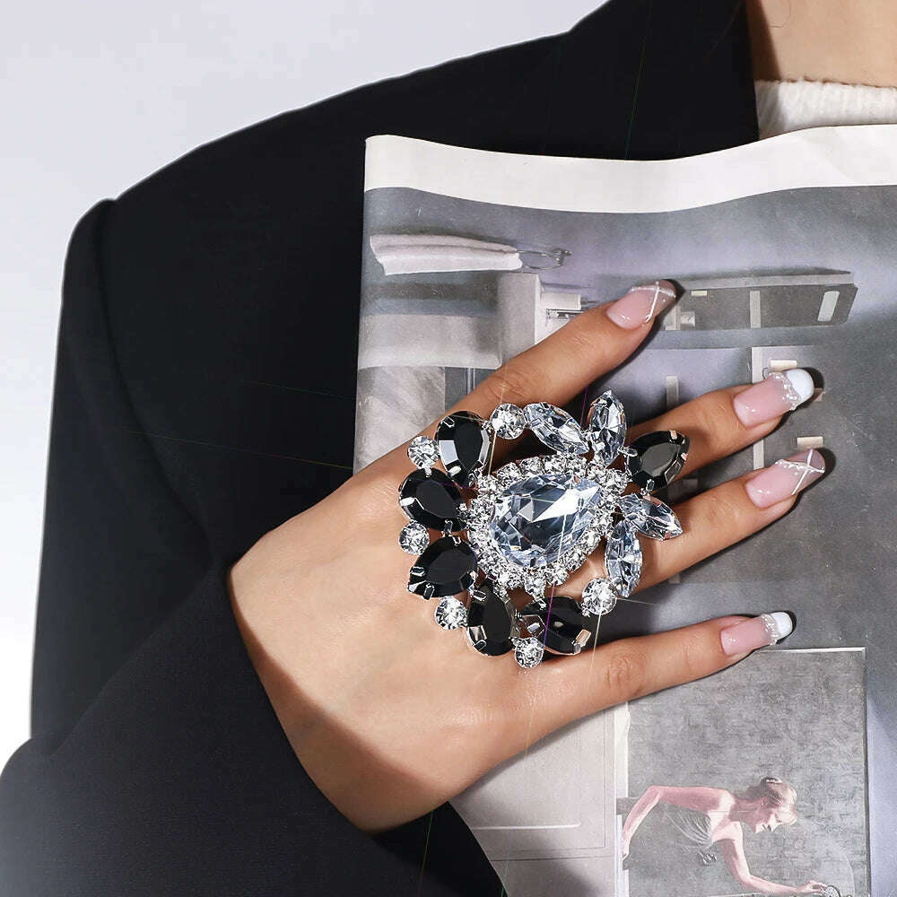 KIMLUD, Stonefans Exaggerated Rhinestone Large Ring Finger Decoration Women Wedding Adjustable Gemstone Open Ring Jewelry Accessories, KIMLUD Womens Clothes