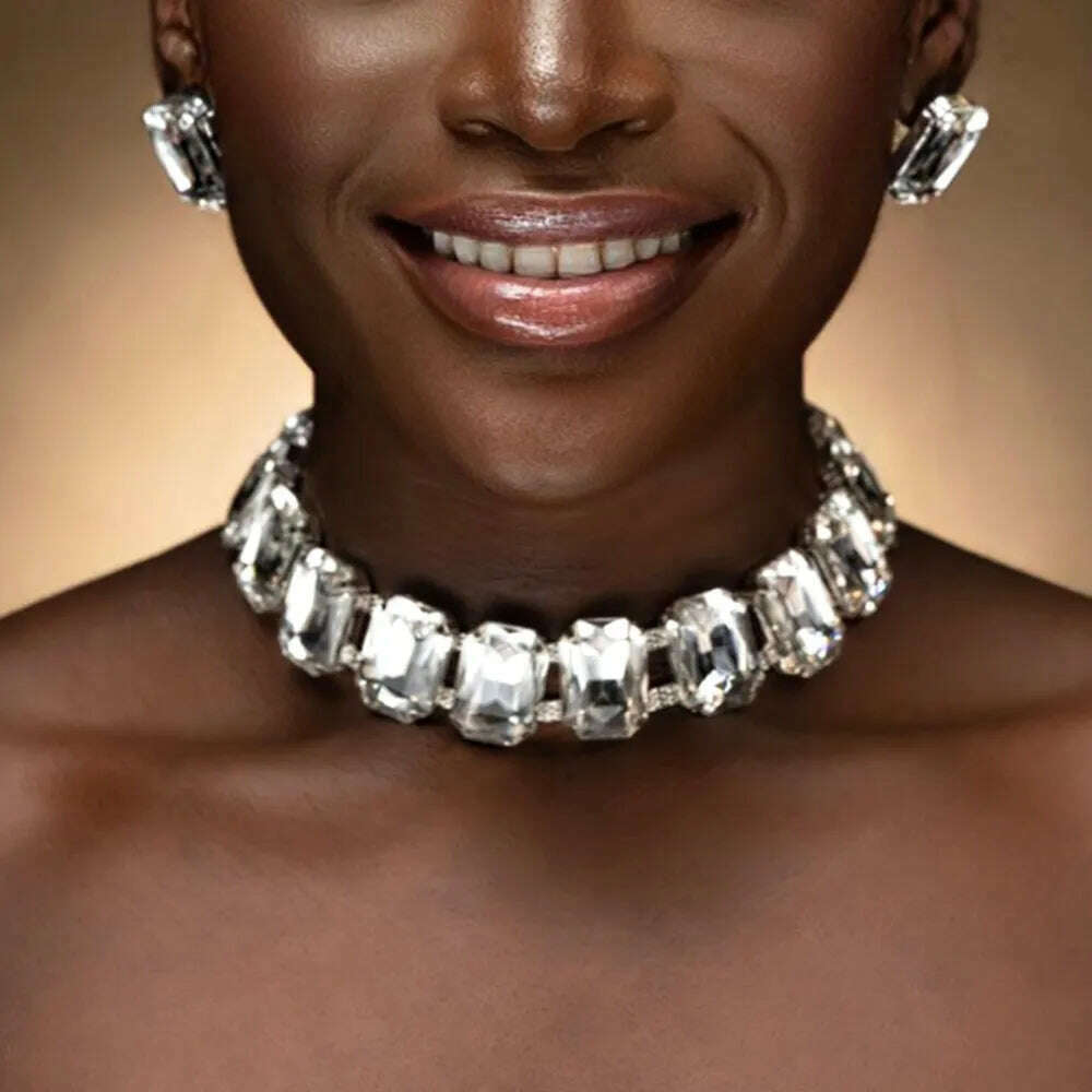 KIMLUD, Stonefans Exaggerated Square Rhinestone Choker Necklace Set Trend 2023 Big Crystal Stud Earrings Women Jewelry Set, KIMLUD Womens Clothes