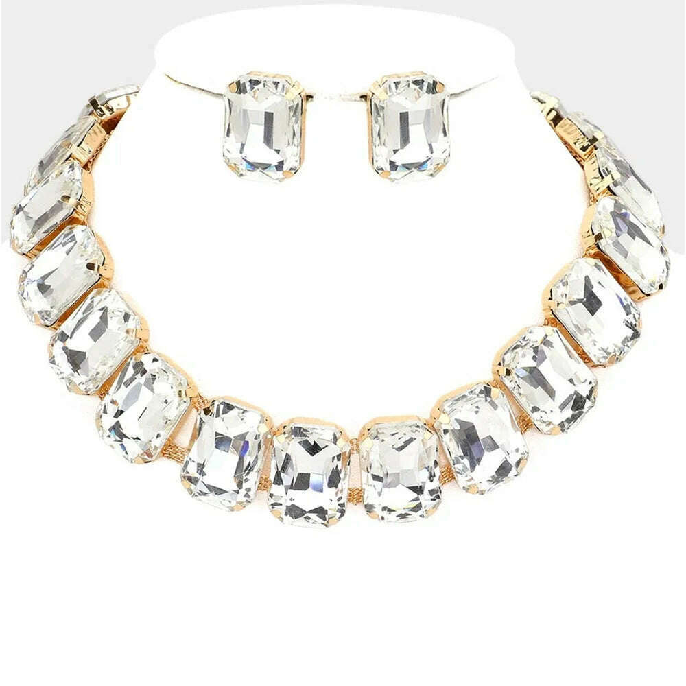 KIMLUD, Stonefans Exaggerated Square Rhinestone Choker Necklace Set Trend 2023 Big Crystal Stud Earrings Women Jewelry Set, Gold / CHINA, KIMLUD Womens Clothes