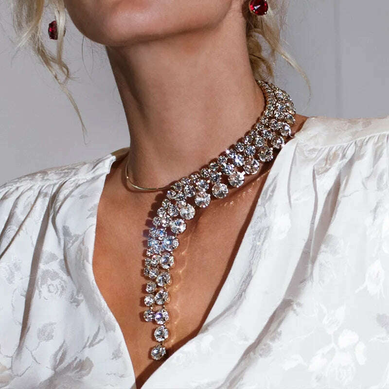 KIMLUD, Stonefans Fashion Exaggerate Tassel Necklace for Women Choker Wedding Jewelry Rhinestone Crystal Round Collar Torques Necklace, KIMLUD Womens Clothes