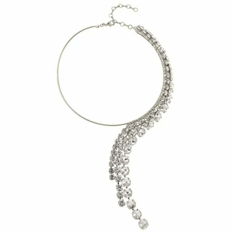 KIMLUD, Stonefans Fashion Exaggerate Tassel Necklace for Women Choker Wedding Jewelry Rhinestone Crystal Round Collar Torques Necklace, Silver Necklace, KIMLUD APPAREL - Womens Clothes
