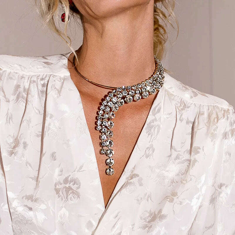 KIMLUD, Stonefans Fashion Exaggerate Tassel Necklace for Women Choker Wedding Jewelry Rhinestone Crystal Round Collar Torques Necklace, KIMLUD Womens Clothes