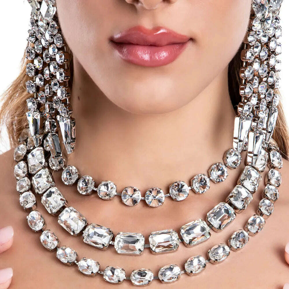 KIMLUD, Stonefans Fashion Large Rhinestone Choker Exaggerate Necklace for Women Statement Jewelry Geometry Crystal Choker Wedding Gift, KIMLUD Womens Clothes