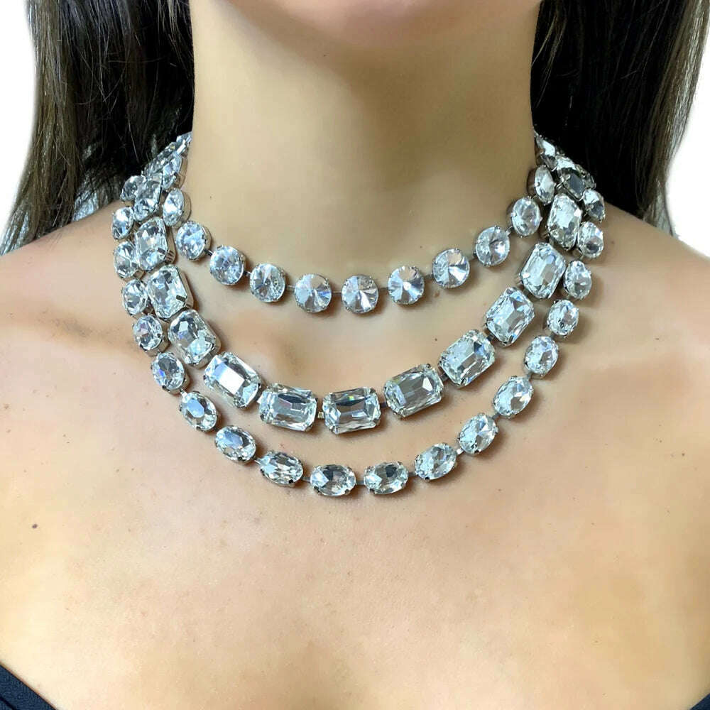 KIMLUD, Stonefans Fashion Large Rhinestone Choker Exaggerate Necklace for Women Statement Jewelry Geometry Crystal Choker Wedding Gift, T-1 / Silver / China, KIMLUD APPAREL - Womens Clothes