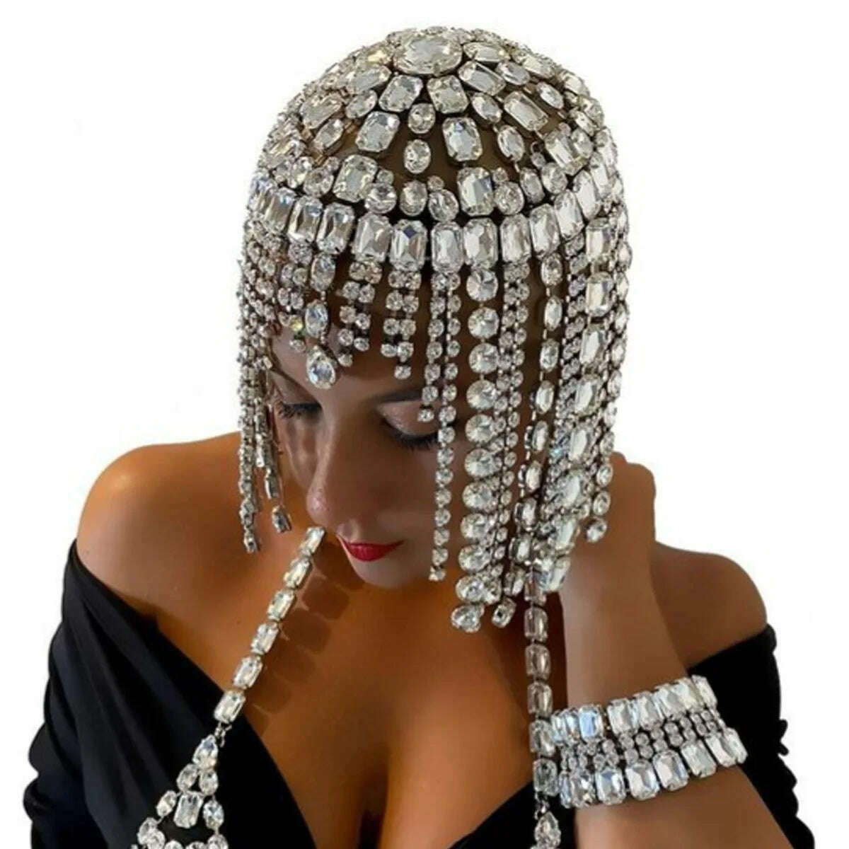 Stonefans Glitter Rhinestone Long Fringed Hair Chain Headband Hat Stage Performance for Women Headwear Headpiece Head Wig Chain - KIMLUD