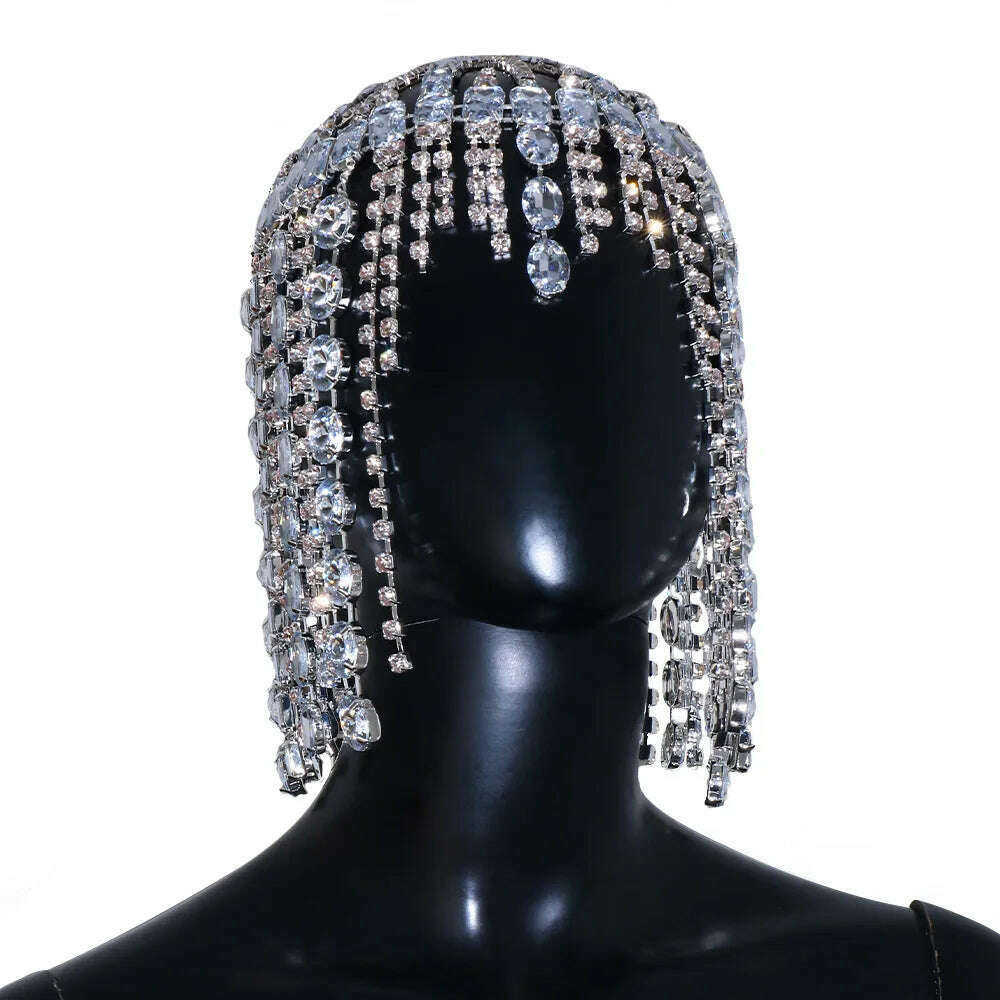 Stonefans Glitter Rhinestone Long Fringed Hair Chain Headband Hat Stage Performance for Women Headwear Headpiece Head Wig Chain - KIMLUD