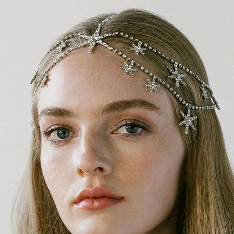 KIMLUD, Stonefans Multi Layer Rhinestone Star Head Chain Jewelry for Women Bohomian Stars Forehead Chain Headband Wedding Hair Jewelry, Gold-color / CHINA, KIMLUD Womens Clothes