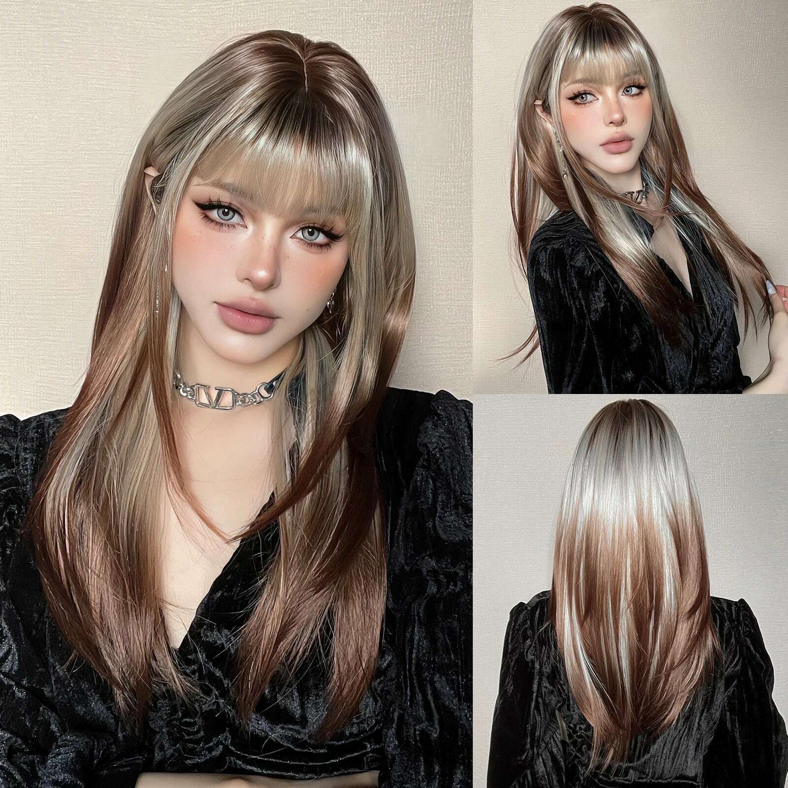 KIMLUD, Straight Layered Long Wigs with Bangs Ombre Brown Silky Synthetic Hair for Women Natural Daily Party Wigs High Temperature Fiber, LC3030-1, KIMLUD APPAREL - Womens Clothes