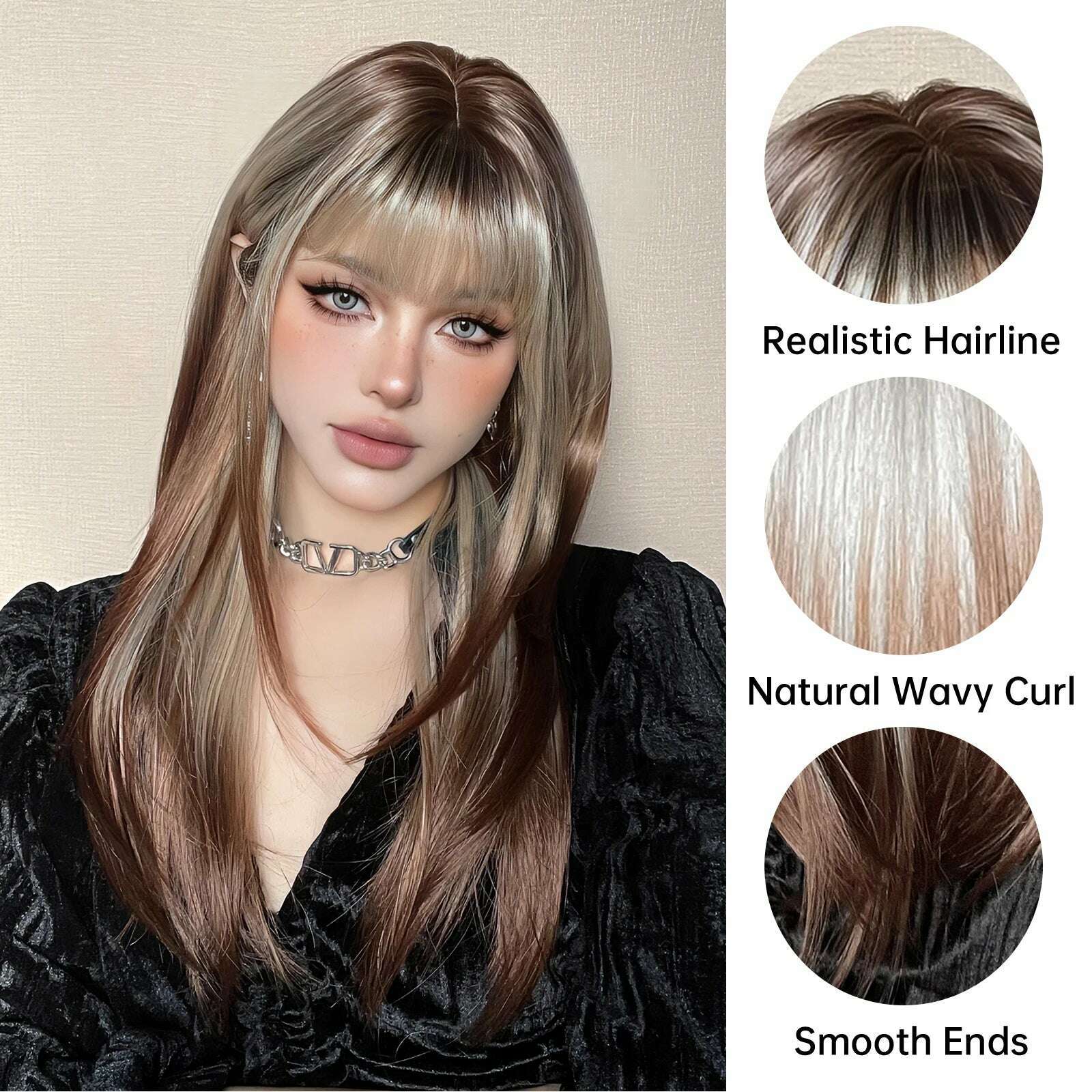 KIMLUD, Straight Layered Long Wigs with Bangs Ombre Brown Silky Synthetic Hair for Women Natural Daily Party Wigs High Temperature Fiber, KIMLUD Womens Clothes