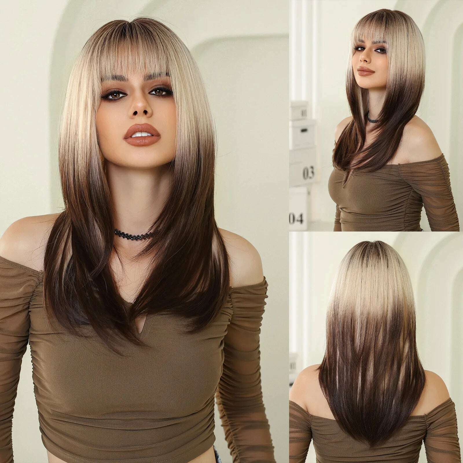 KIMLUD, Straight Layered Long Wigs with Bangs Ombre Brown Silky Synthetic Hair for Women Natural Daily Party Wigs High Temperature Fiber, KIMLUD Womens Clothes