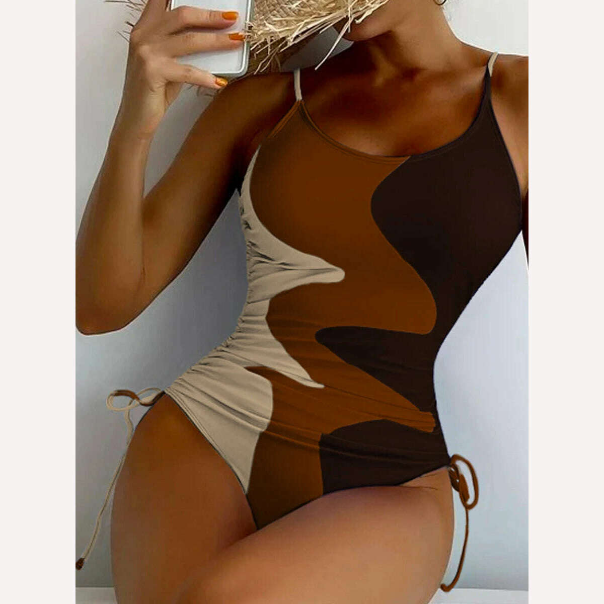 KIMLUD, Straped Swimsuit 2023 Women Drawstring One Piece Swimwear Female Triangle Beachwear Bathers Color Block Bathing Suit Bodysuit, C2Coffee Color / XL, KIMLUD Womens Clothes