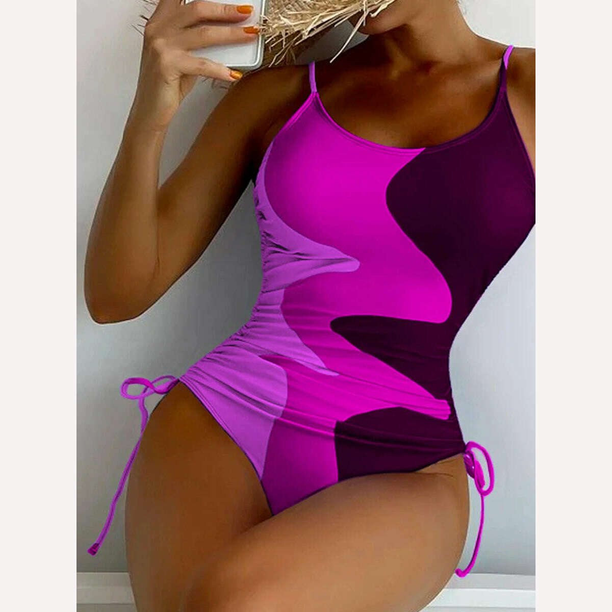 KIMLUD, Straped Swimsuit 2023 Women Drawstring One Piece Swimwear Female Triangle Beachwear Bathers Color Block Bathing Suit Bodysuit, C4Rose Red / S, KIMLUD Womens Clothes