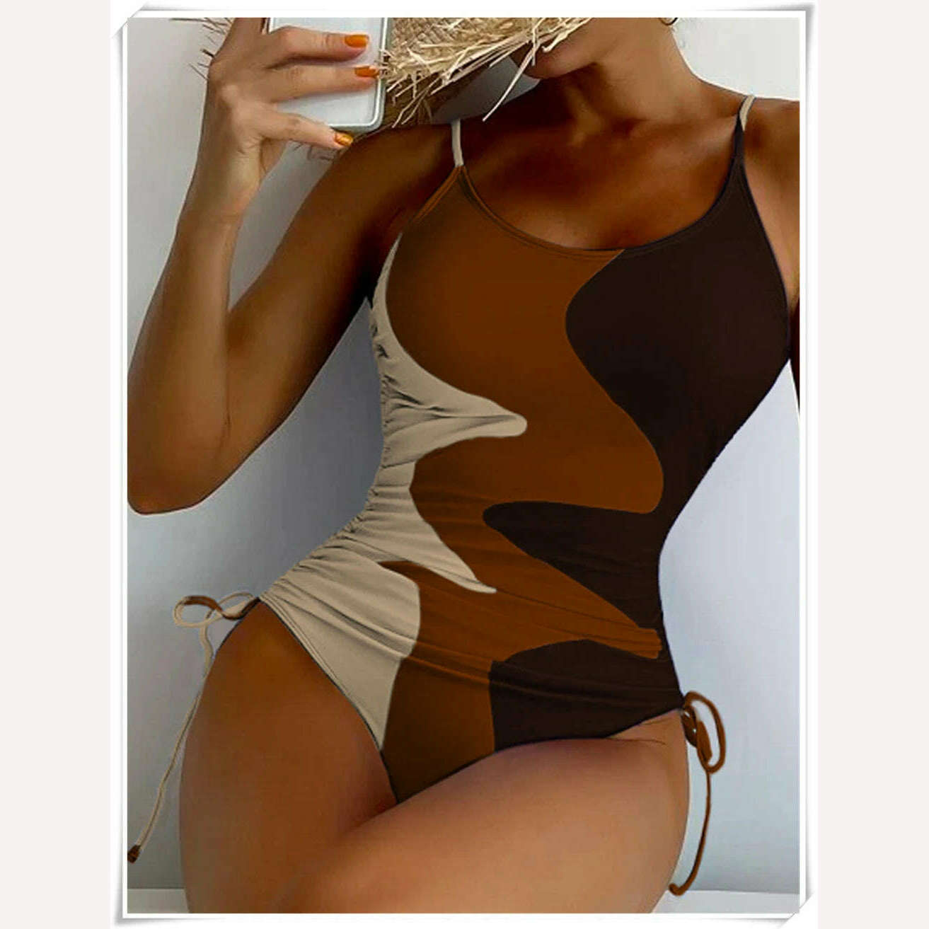 KIMLUD, Straped Swimsuit 2023 Women Drawstring One Piece Swimwear Female Triangle Beachwear Bathers Color Block Bathing Suit Bodysuit, KIMLUD Womens Clothes