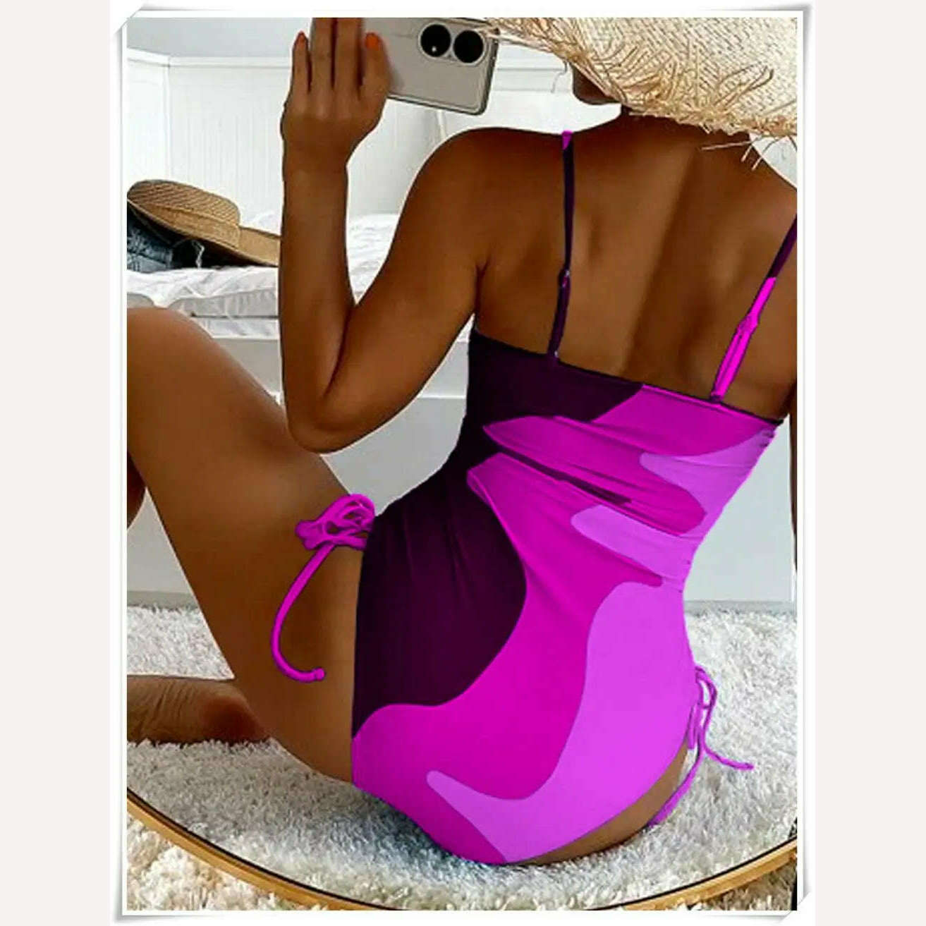 KIMLUD, Straped Swimsuit 2023 Women Drawstring One Piece Swimwear Female Triangle Beachwear Bathers Color Block Bathing Suit Bodysuit, KIMLUD Womens Clothes