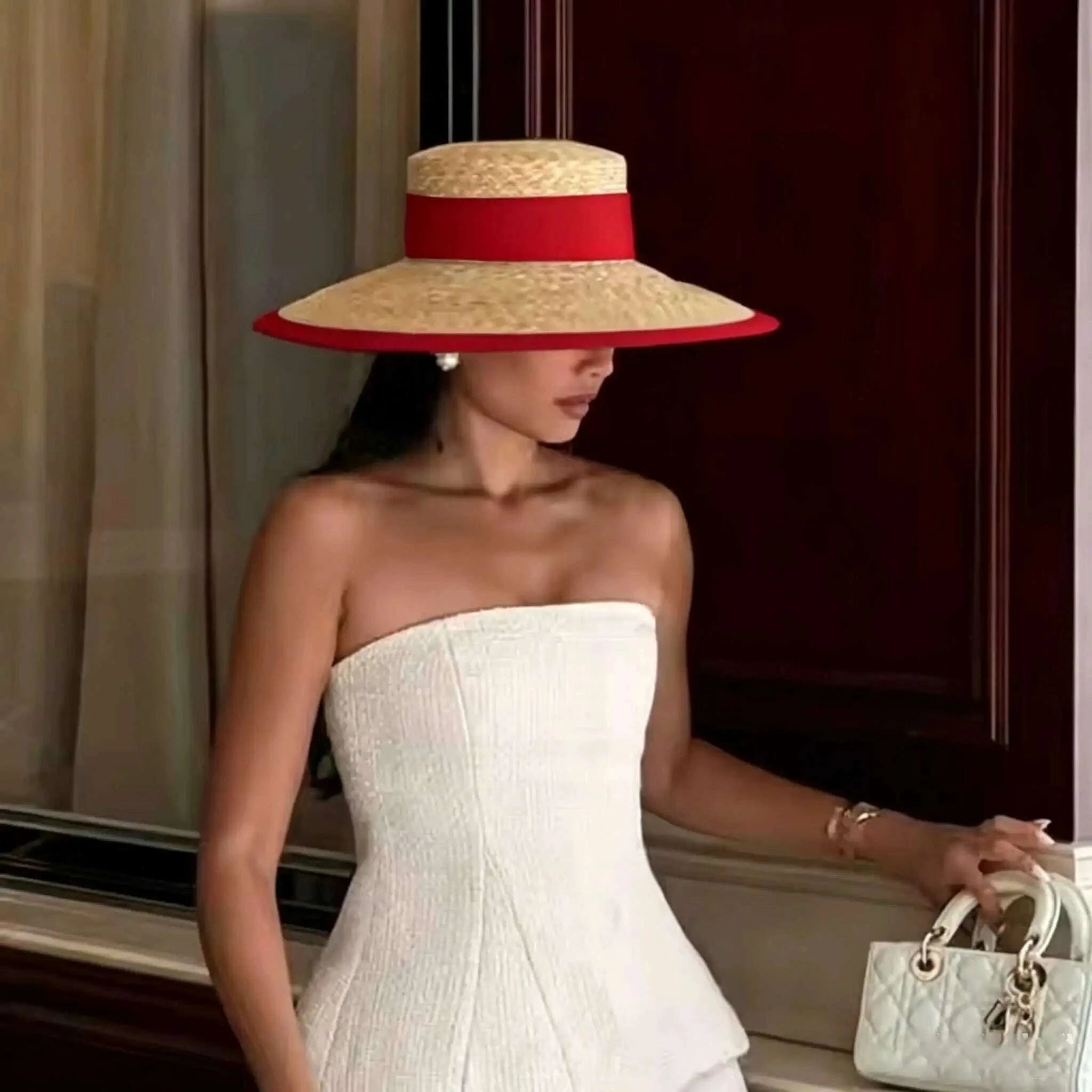 Straw summer hat Red  French elegant ladies seaside travel sun hat Hepburn style wide brim hat summer hat