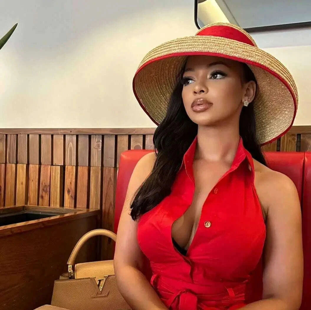 Straw summer hat Red  French elegant ladies seaside travel sun hat Hepburn style wide brim hat summer hat