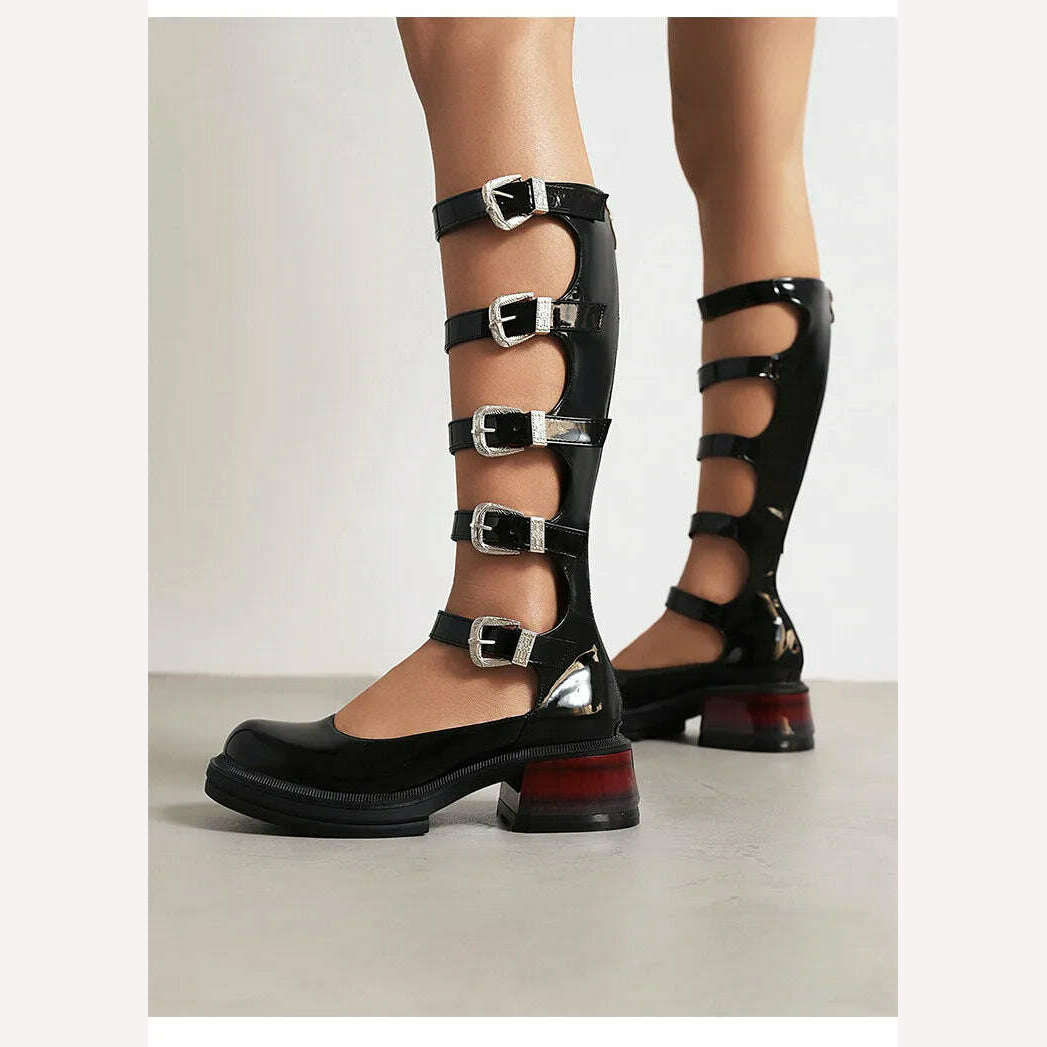 KIMLUD, Street Style Punk Cool Boots Spring and Summer 2023 Fashion Buckle Design Chunky Heels Sandals Platform Shoes for Women,Big Size, style 1 Patent leath / 5, KIMLUD APPAREL - Womens Clothes