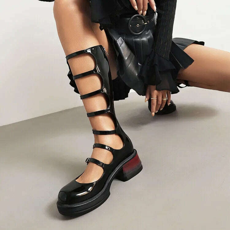 KIMLUD, Street Style Punk Cool Boots Spring and Summer 2023 Fashion Buckle Design Chunky Heels Sandals Platform Shoes for Women,Big Size, style 3 Patent leath / 5, KIMLUD Women's Clothes