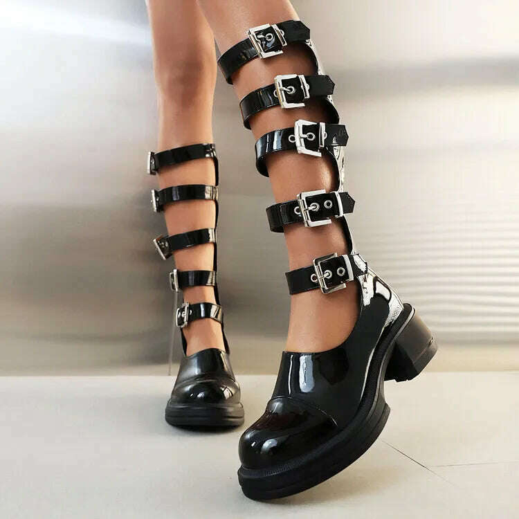 KIMLUD, Street Style Punk Cool Boots Spring and Summer 2023 Fashion Buckle Design Chunky Heels Sandals Platform Shoes for Women,Big Size, style 2 Patent leath / 5, KIMLUD Women's Clothes