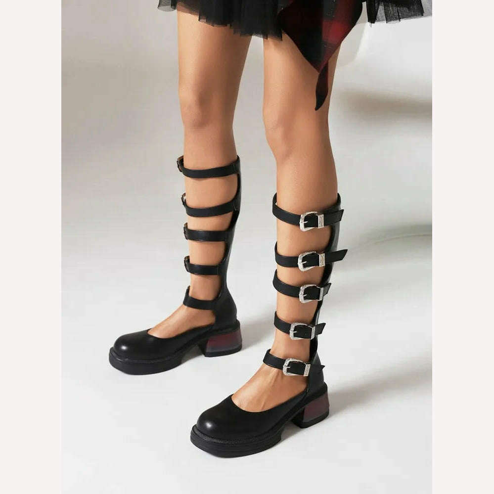KIMLUD, Street Style Punk Cool Boots Spring and Summer 2023 Fashion Buckle Design Chunky Heels Sandals Platform Shoes for Women,Big Size, style 1 pu / 5, KIMLUD APPAREL - Womens Clothes