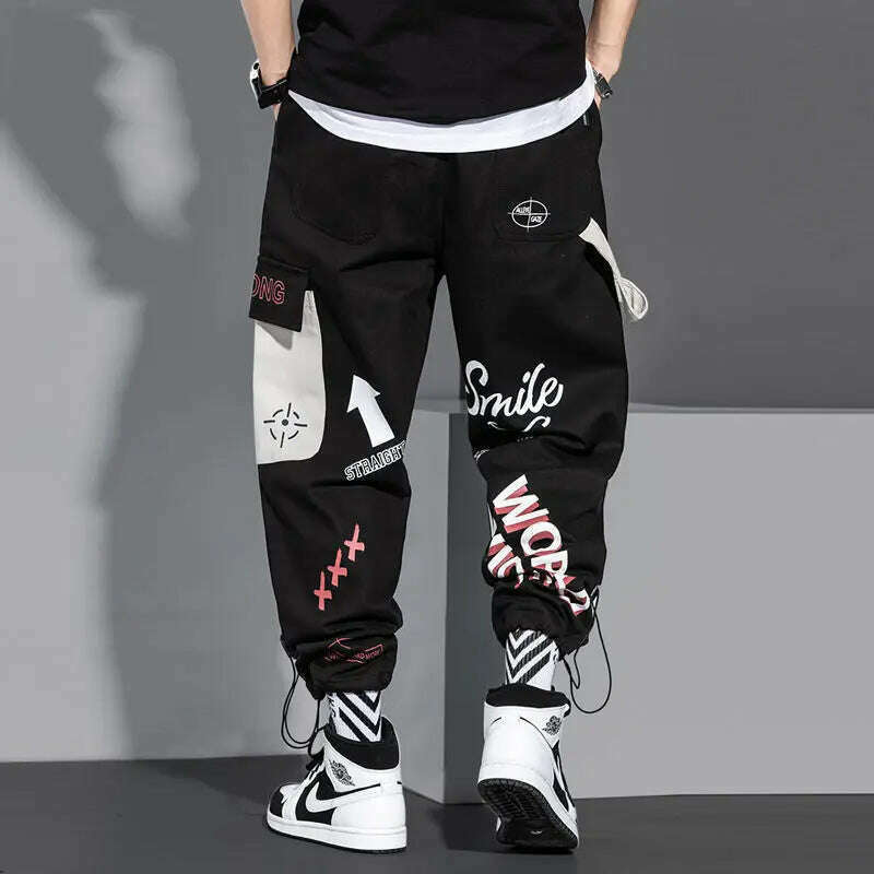 Streetwear Men Joggers Sweatpants Print Black White Cargo Pants Techwear Harem Pants Ankle length Trousers Sport Casual Running - KIMLUD