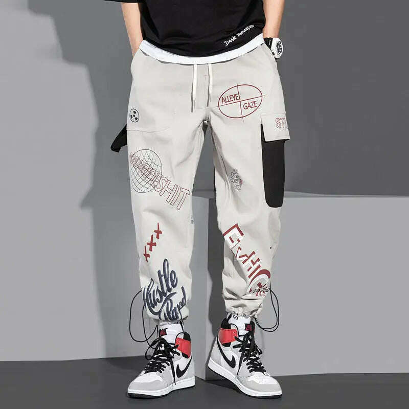 Streetwear Men Joggers Sweatpants Print Black White Cargo Pants Techwear Harem Pants Ankle length Trousers Sport Casual Running - KIMLUD