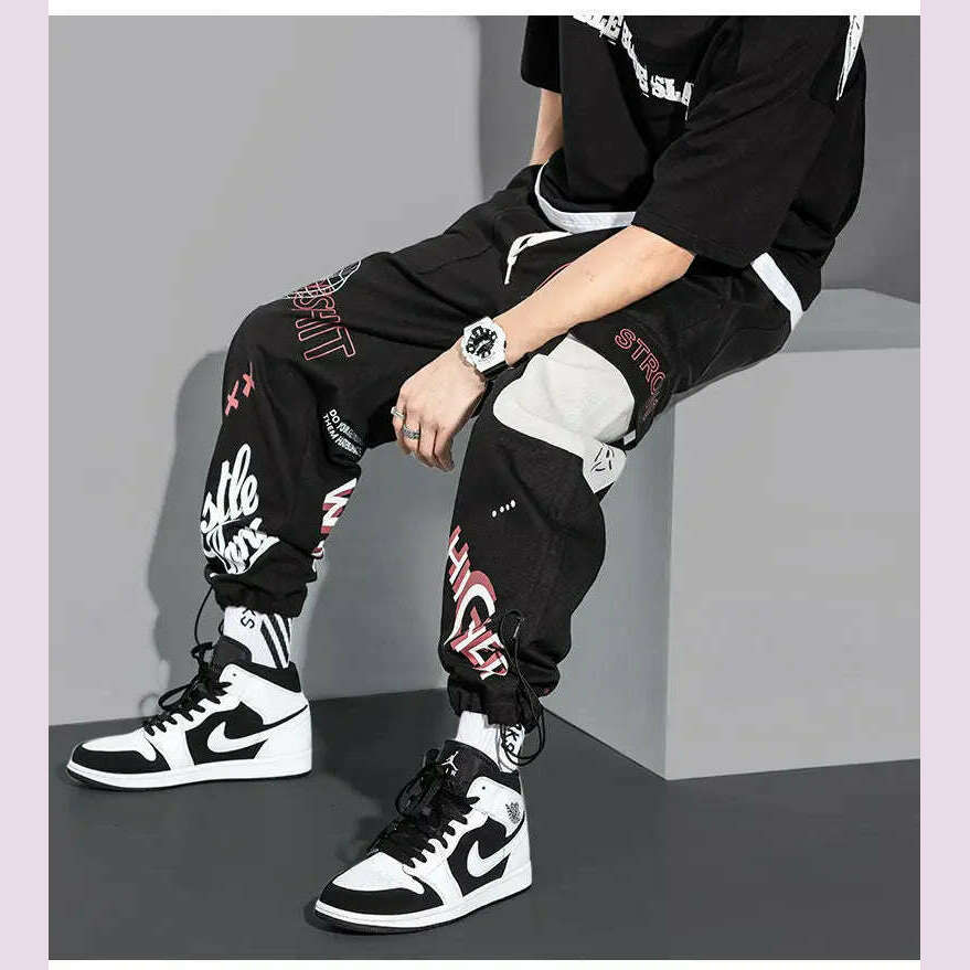 Streetwear Men Joggers Sweatpants Print Black White Cargo Pants Techwear Harem Pants Ankle length Trousers Sport Casual Running - KIMLUD