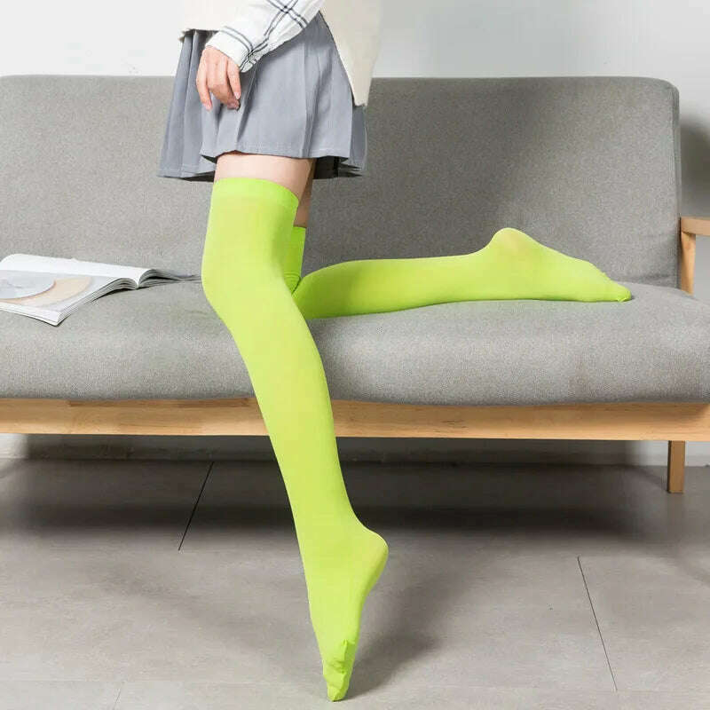 Stretch Stocking Velvet Calze Over Knee Socks Solid Color Temptation Stockings High Students 1 Pair Warm Thigh Long Socks, fluorescent green / 54CM, KIMLUD Women's Clothes