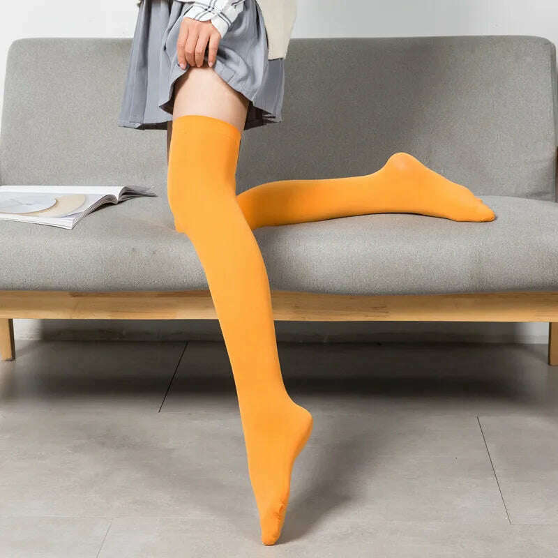 Stretch Stocking Velvet Calze Over Knee Socks Solid Color Temptation Stockings High Students 1 Pair Warm Thigh Long Socks, Orange / 54CM, KIMLUD Women's Clothes