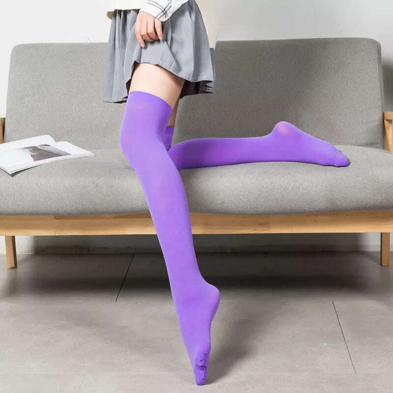 KIMLUD, Stretch Stocking Velvet Calze Over Knee Socks Solid Color Temptation Stockings High Students 1 Pair Warm Thigh Long Socks, Purple / 54CM, KIMLUD Women's Clothes