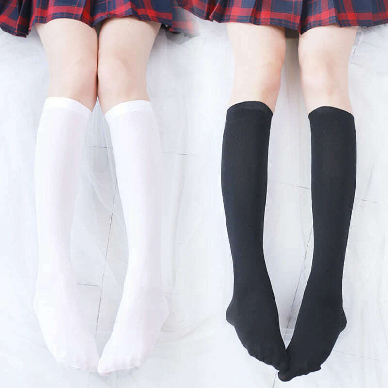 Stretch Stocking Velvet Calze Over Knee Socks Solid Color Temptation Stockings High Students 1 Pair Warm Thigh Long Socks, white and black / 54CM, KIMLUD Women's Clothes