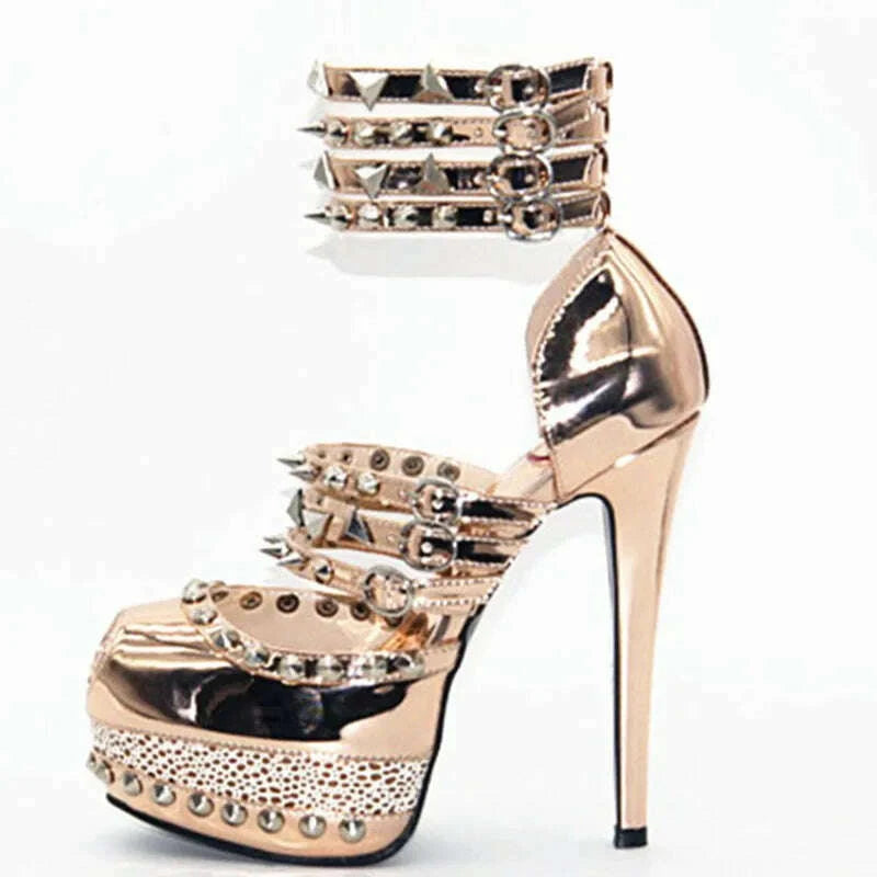 Studded Sandals Stiletto Heels - Black Gold | KIMLUD