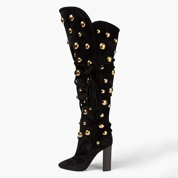 KIMLUD, Studs Knee Boots Black Pointed Toe Velvet Shoes Women's Chunky Heel Tassel Fringe Metal Ball Cool Girl Punk Women Winter Boots, black / 36 / CHINA, KIMLUD Womens Clothes