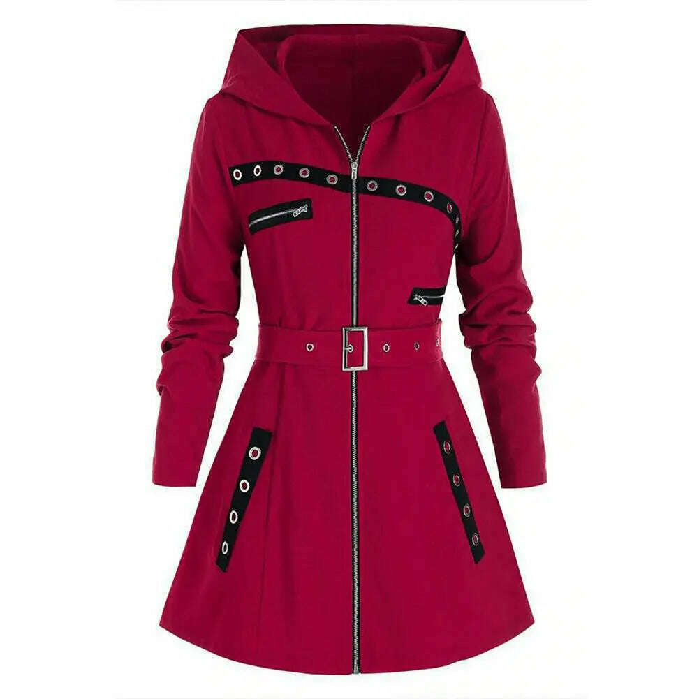 KIMLUD, Stylish Coat Gothic Women Winter Coat Pocket Punk Style A-line Autumn Coat  Thermal, Red / L, KIMLUD Womens Clothes