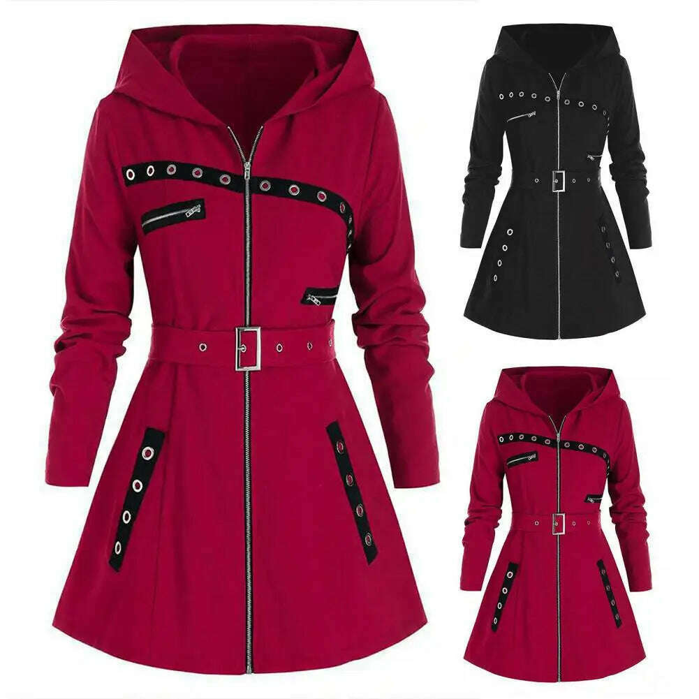 Stylish Coat Gothic Women Winter Coat Pocket Punk Style A-line Autumn Coat Thermal - KIMLUD