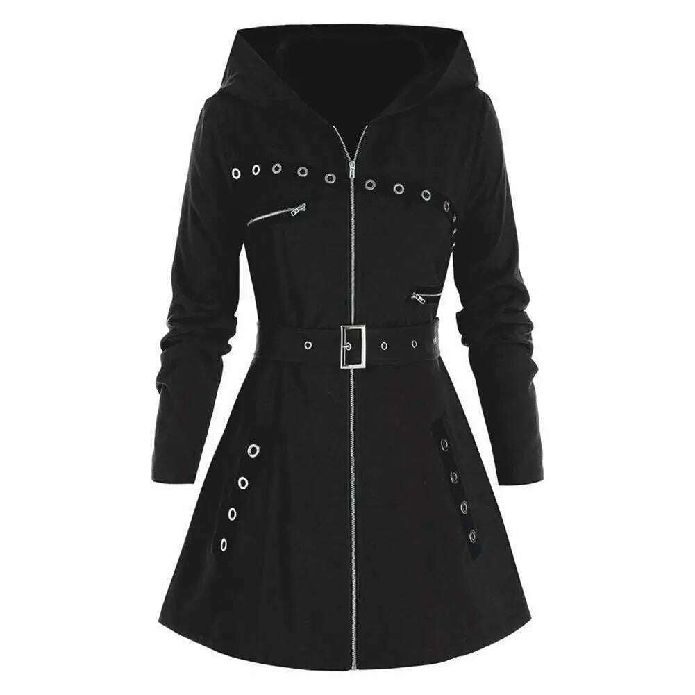 KIMLUD, Stylish Coat Gothic Women Winter Coat Pocket Punk Style A-line Autumn Coat  Thermal, black / L, KIMLUD Womens Clothes