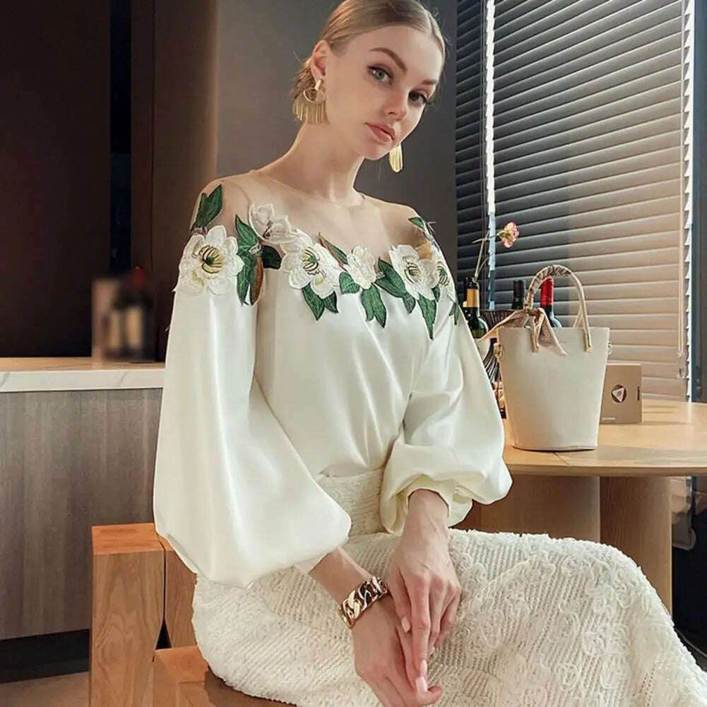 Stylish Long Sleeve Blouse Stylish Women's Satin Embroidered Gauze Shirt Breathable Comfortable Elegant Lady's Top Polyester - KIMLUD